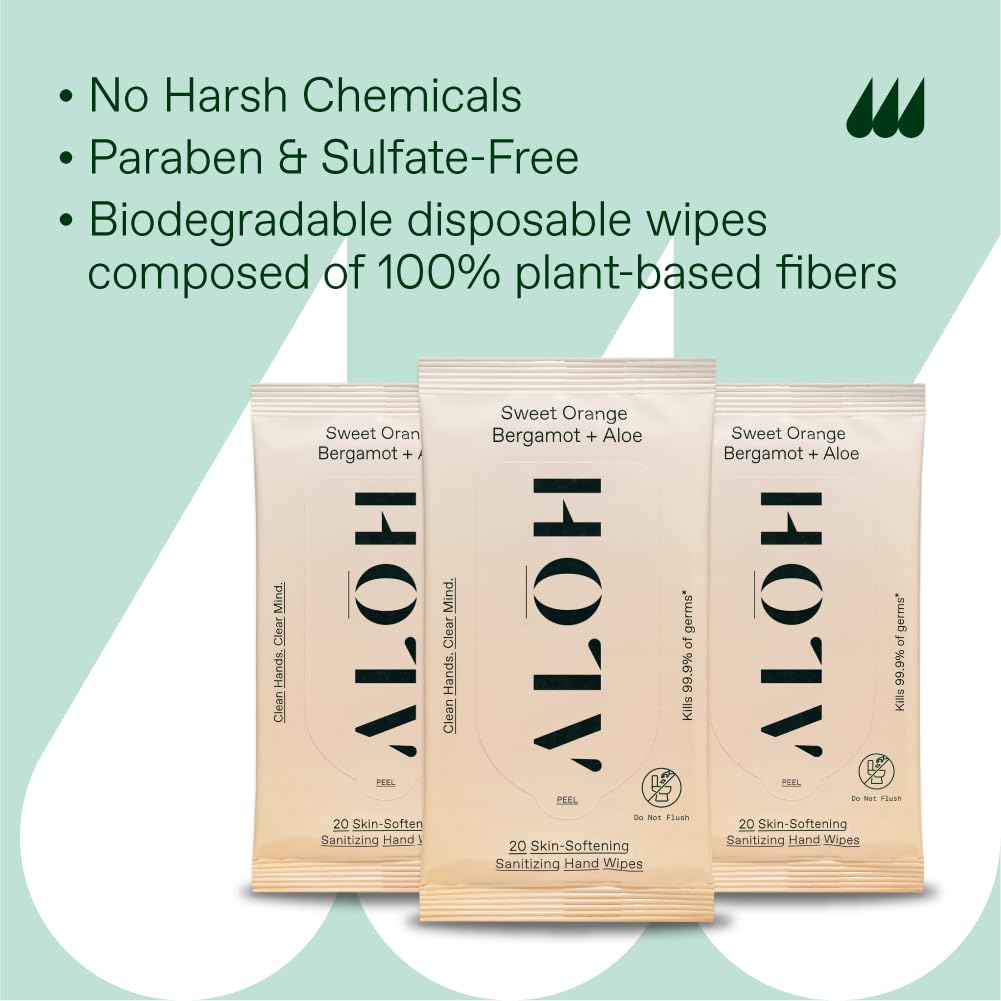 ALŌH Sweet Orange Bergamot + Aloe Sanitizing Hand Wipes - Clean Hands, Clear Mind - On The Go Hand