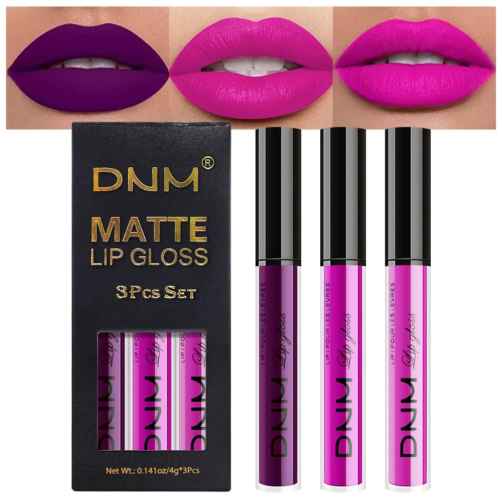 evpct 3Pcs Purple Hot Pink Fuchsia Red Matte Liquid Lipstick Lip Stain Sets for Women, Matte