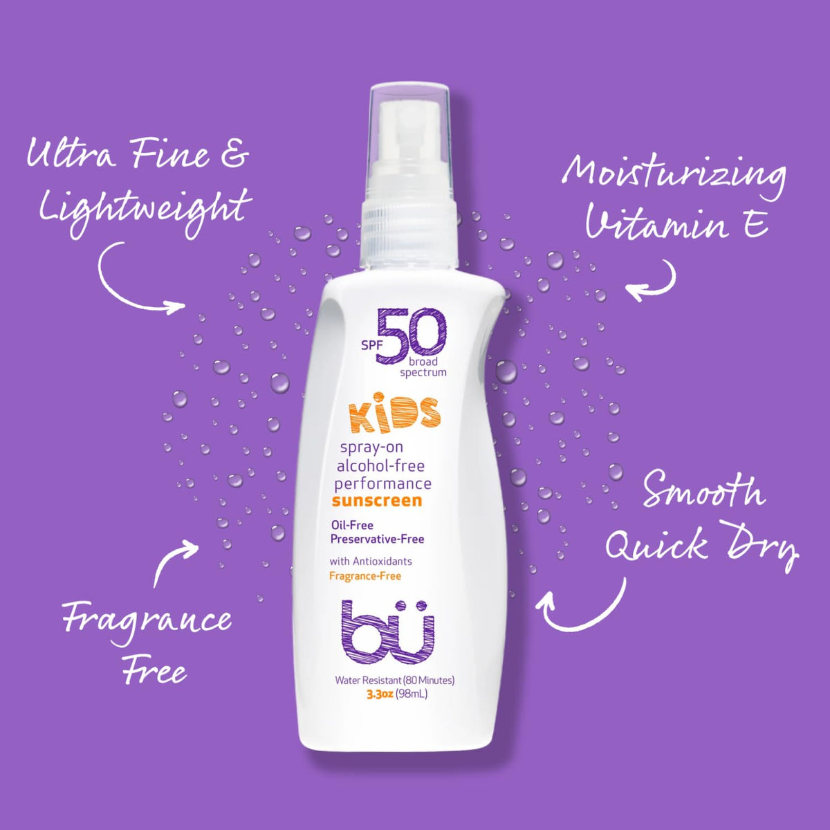 BU SPF 50 Fragrance Free Kids Sunscreen Spray for Face and Body, TSA Travel Size Sunscreen, Clear