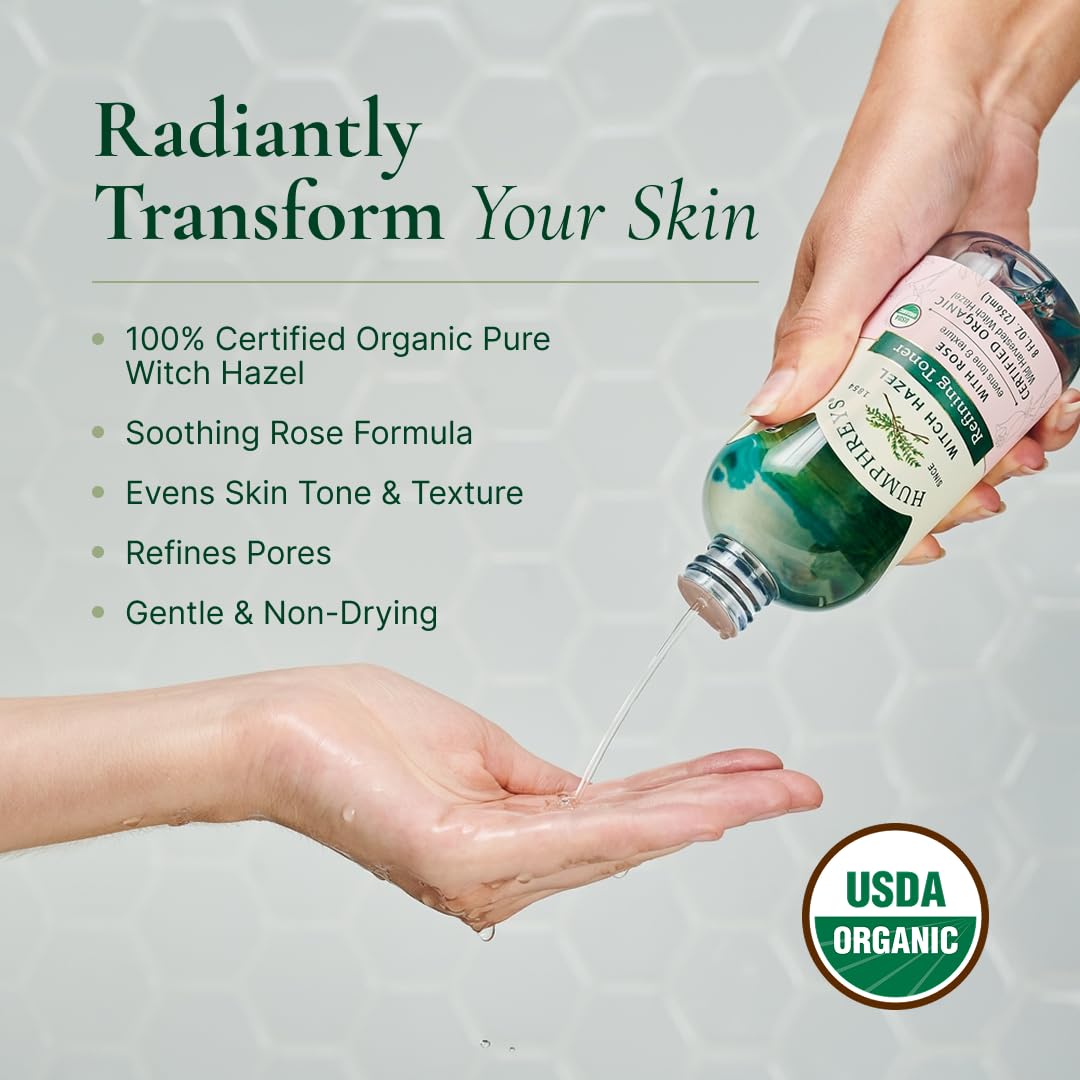Humphreys Witch Hazel Refining Toner | Wild Harvested Witch Hazel & Rose | USDA Organic | Natural |