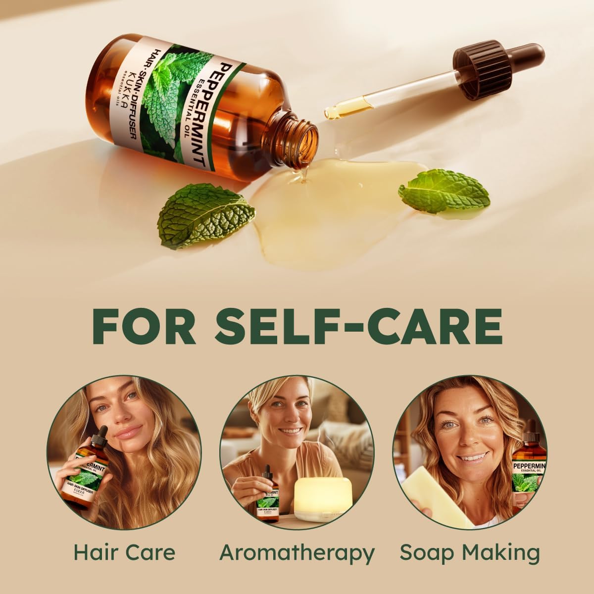 Kukka Essential Oils Peppermint Oil for Skin, Hair, Diffuser - 4 Fl Oz / 118 ml, DIY Soap Making