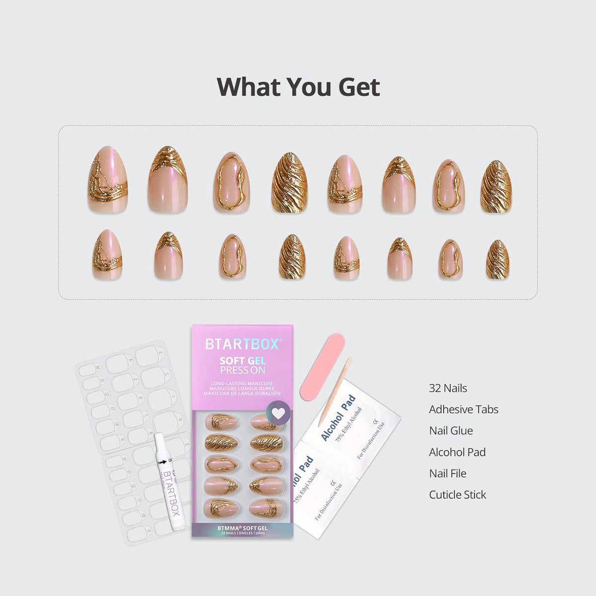 BTArtbox Press On Nails Short - 3D Gold Sculpting Almond Press On Nails with Glue for Women, Opaque