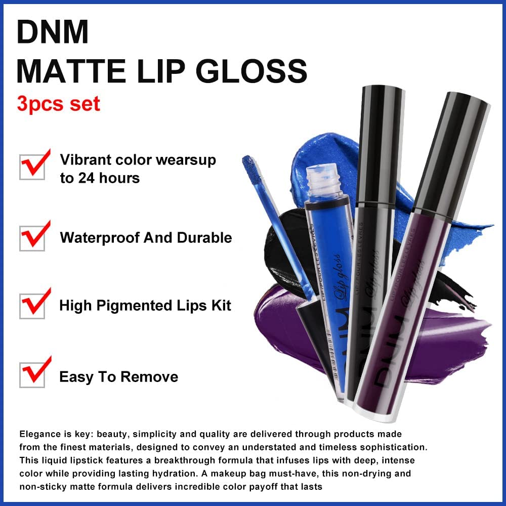 evpct 3Pcs Dark Black Purple Blue Matte Liquid Lipstick Halloween for Women Long Lasting Smudge