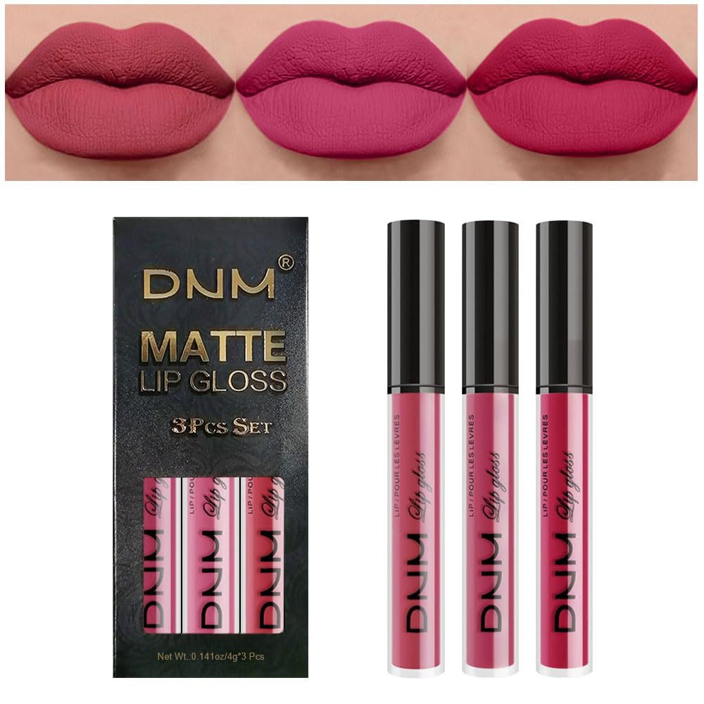 evpct 3Pcs Mauve red Berry pink Rose red Matte Liquid Lipstick Sets for Women 24-hour