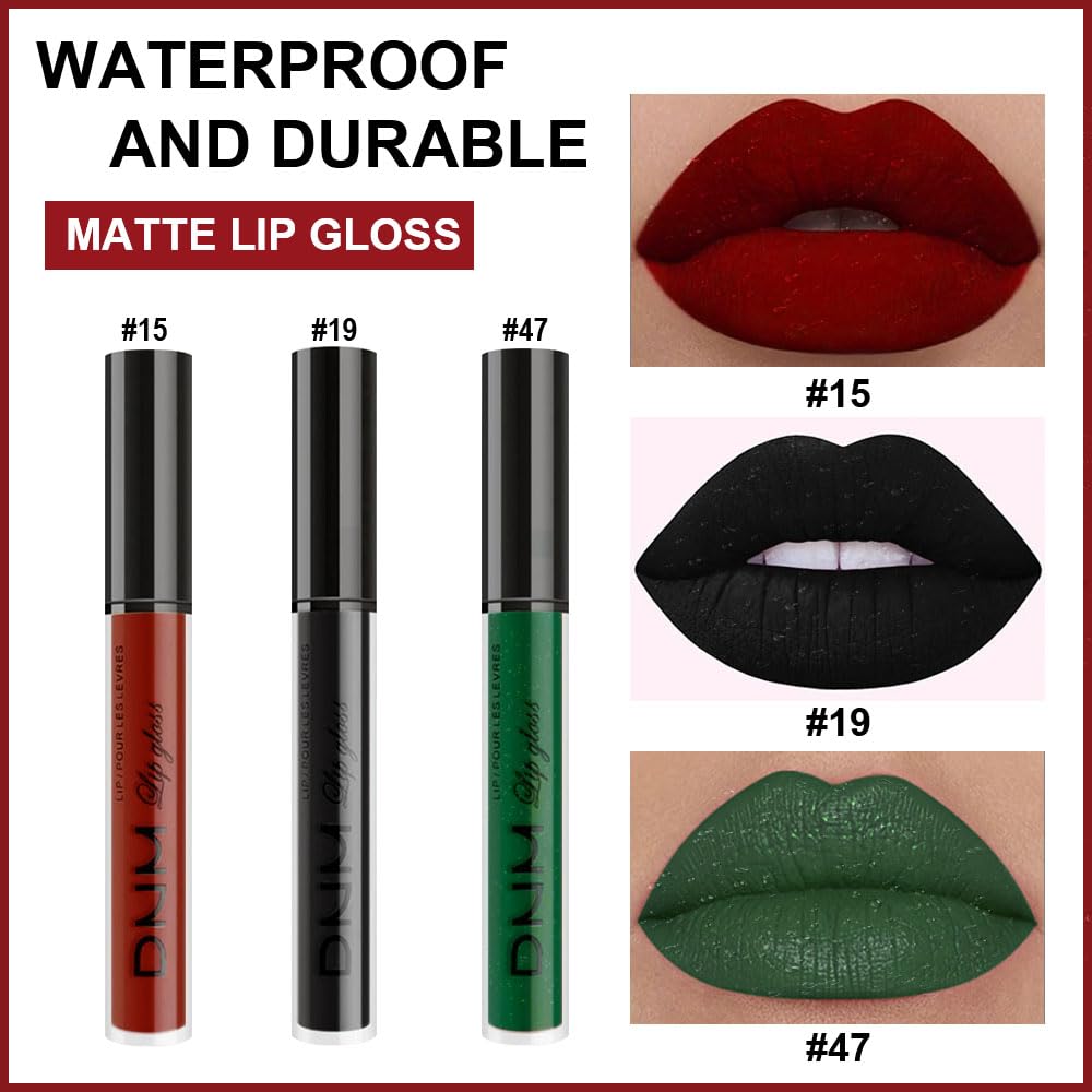 evpct 3Pcs Dark Black Emerald Green Red Matte Liquid Lipstick Lip Stain Sets for Women