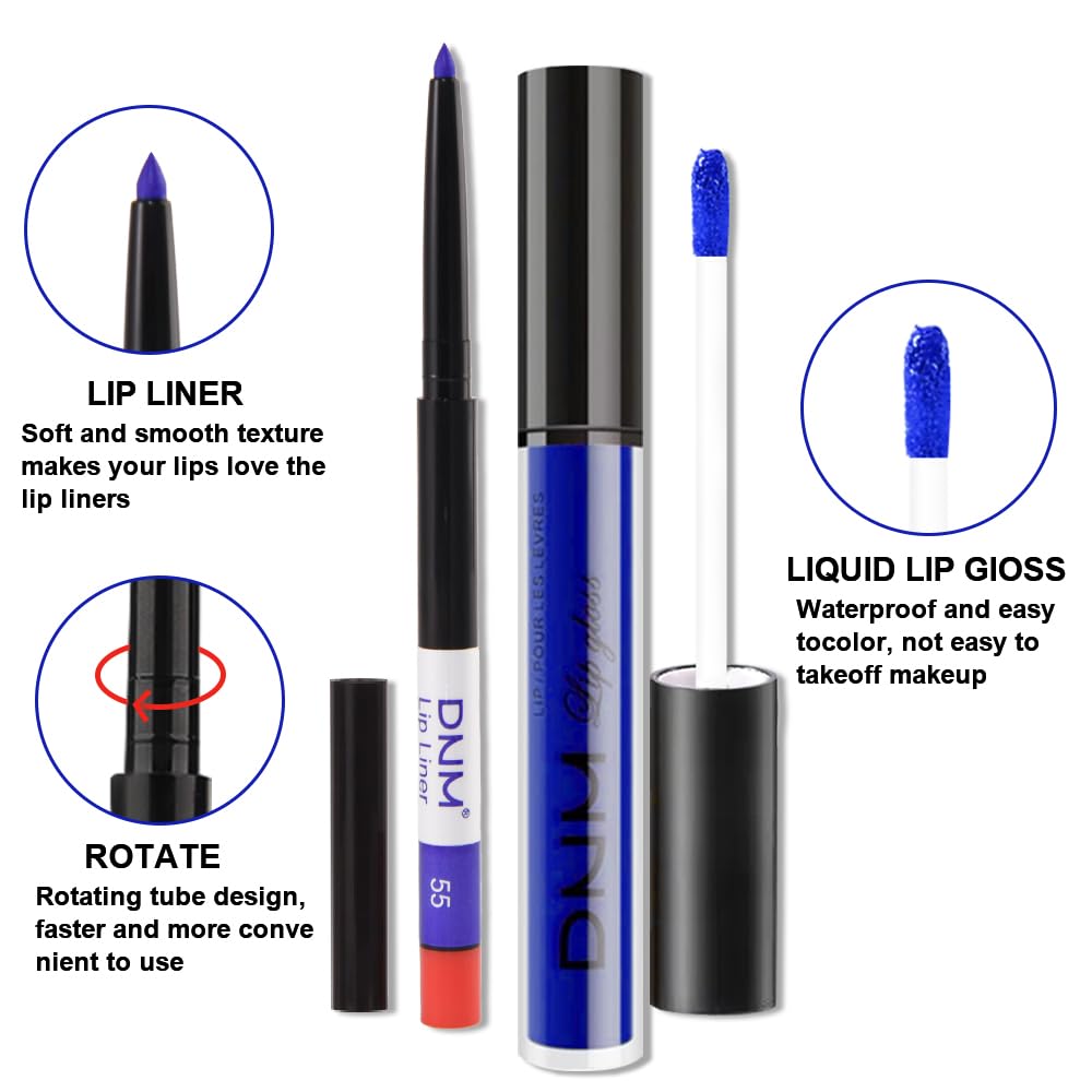evpct 2Pcs Dark Royal Blue Matte Liquid Lipstick Lip Gloss Stain and Retractable Lip Liner Makeup