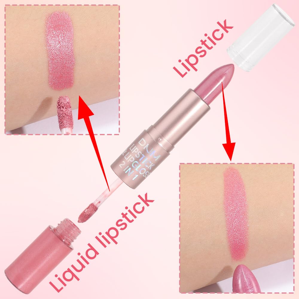 evpct 2 in 1 Light Pink Glitter Metallic Shimmer Diamond Lipstick and Lip Gloss Set for Women Long