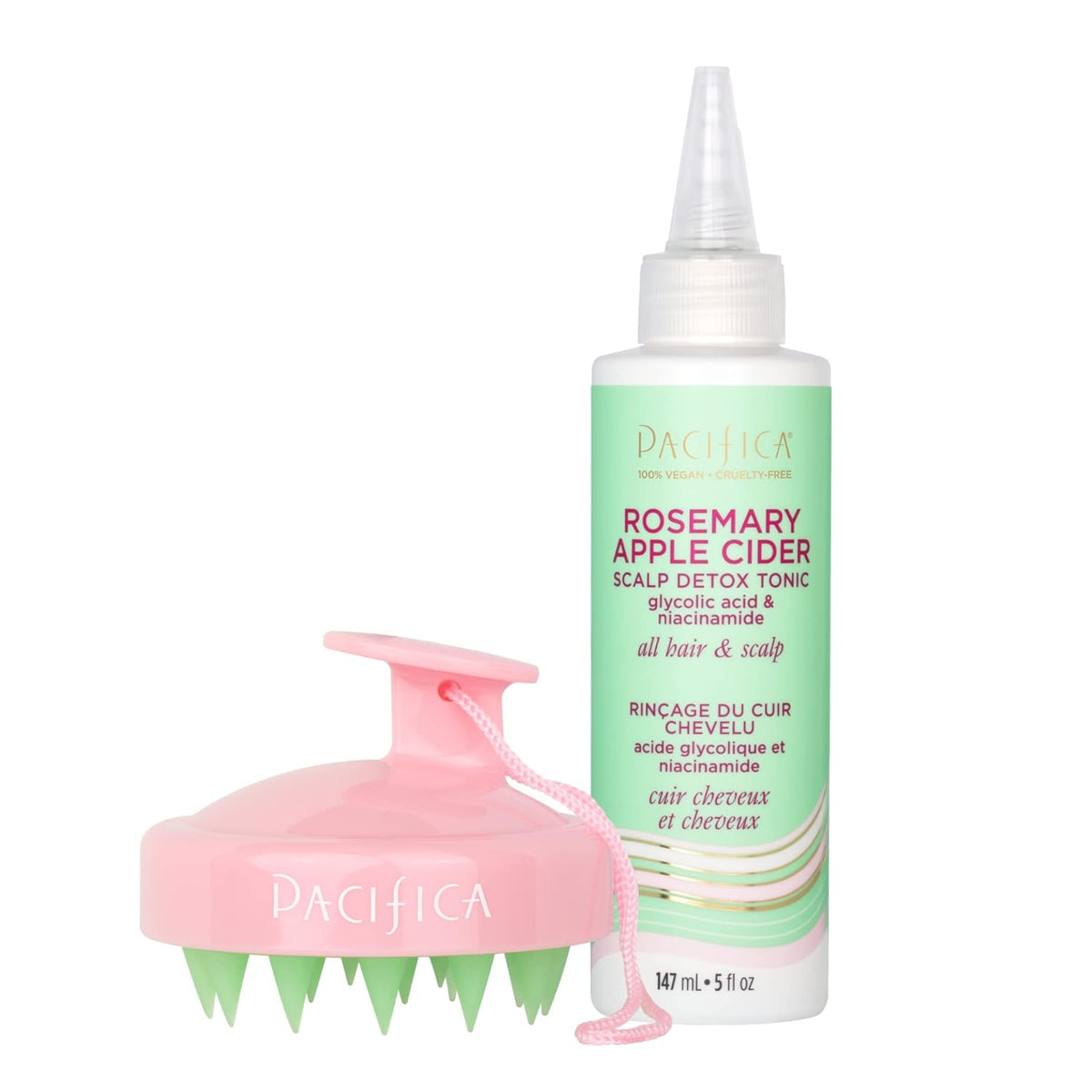 Pacifica Scalp Detox Set – Rosemary Apple Cider Vinegar Scalp Exfoliating Tonic with Scalp Massager
