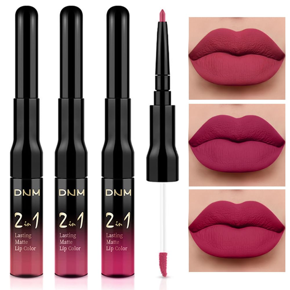 evpct 3Pcs Mauve pink Berry pink Rose red Lip Stain Paint Matte Lip Liner and Lipstick Set Long