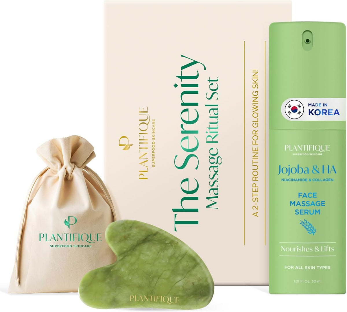 PLANTIFIQUE Massage Ritual Set: Premium Certified Jade Gua Sha + Jojoba Oil & HA Serum Skin Care