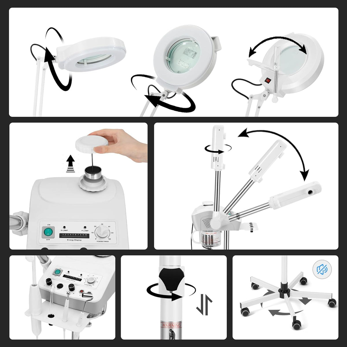 Professional 4in1 Ozone Face Steamer for Deep Hydration with Magnifying Lamp, High Frequency