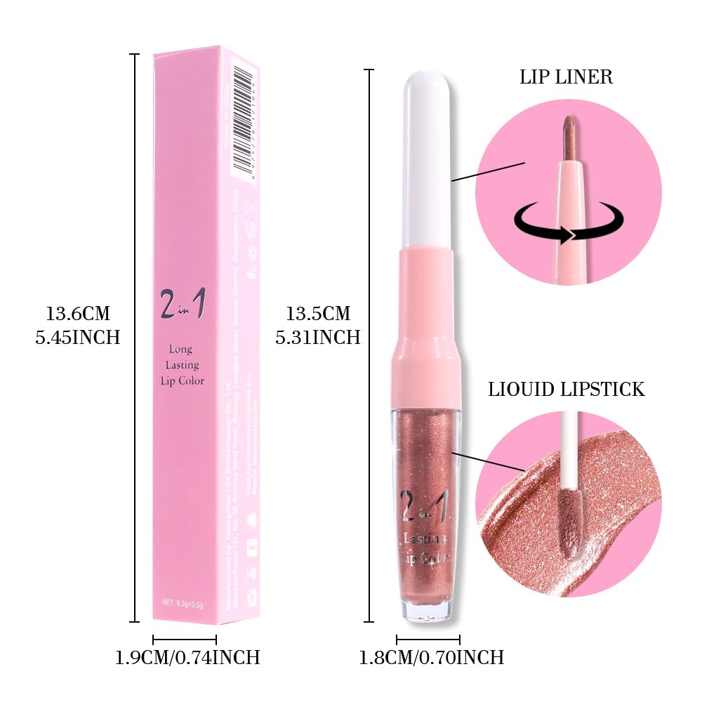 evpct Bronze Gold Metallic Glitter Lip Liner and Lipstick Combo Lip Gloss Stain Set Makeup for