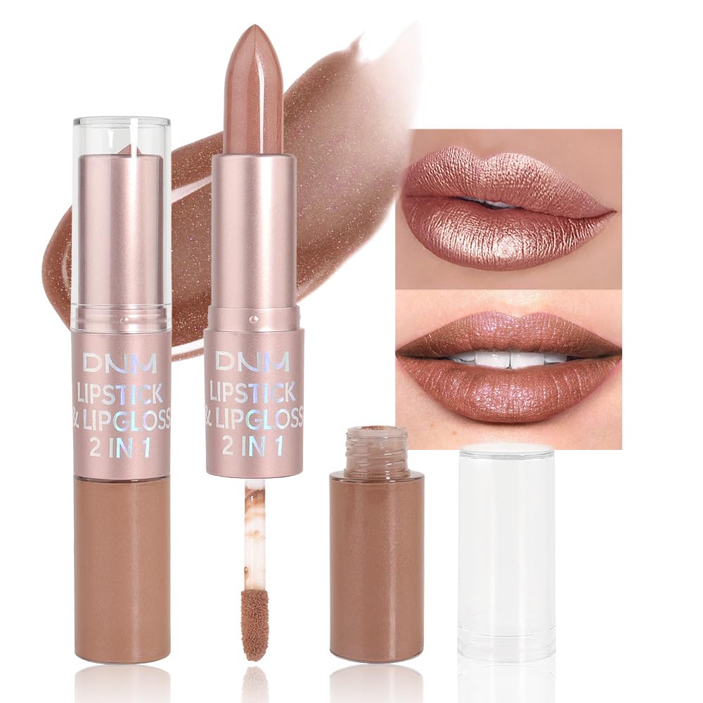 evpct 2 in 1 Nude Brown Glitter Metallic Shimmer Diamond Lipstick and Lip Gloss Set for Women Long