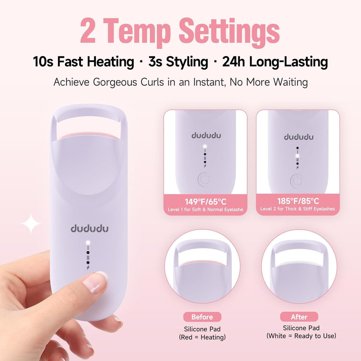 DUDUDU Heated Eyelash Curler, Portable Travel-Size Mini Electric Heated Lash Curler - 2-Level