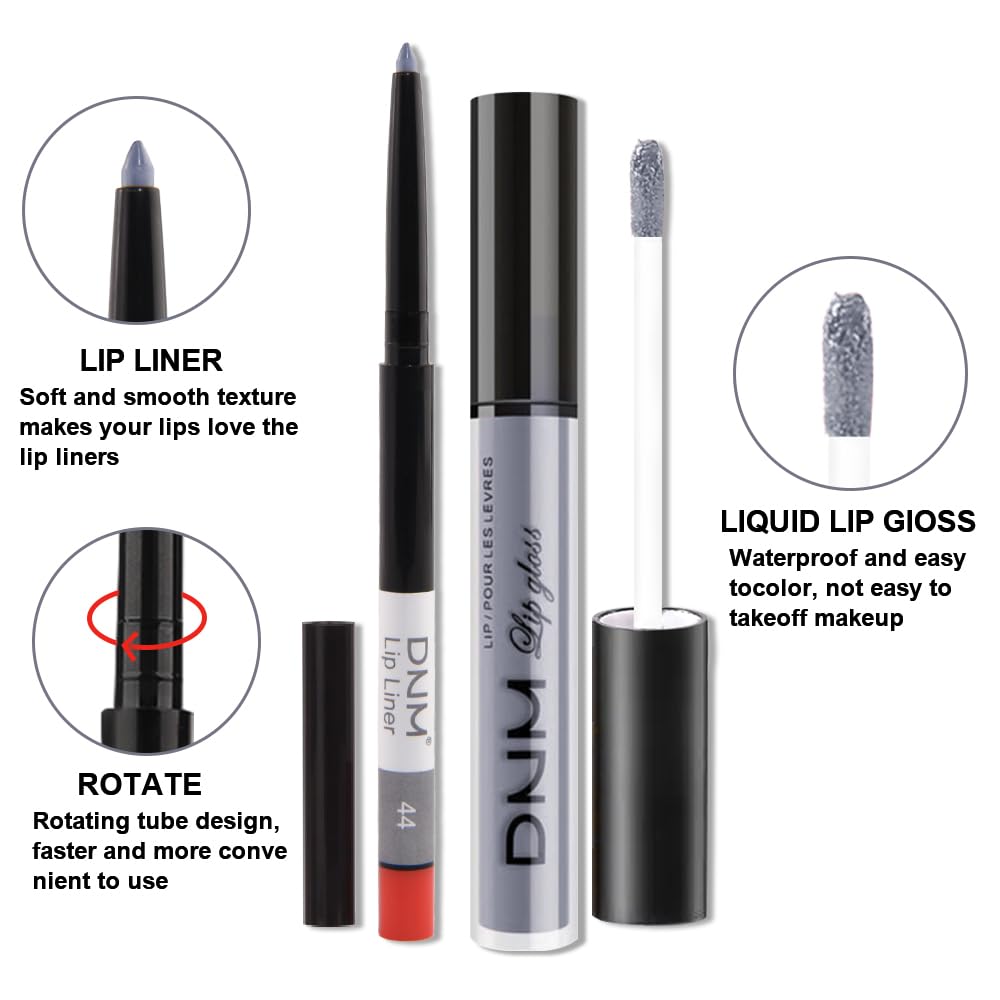 evpct 2Pcs Grey Gray Matte Liquid Lipstick Lip Gloss Stain and Retractable Lip Liner Makeup Set for
