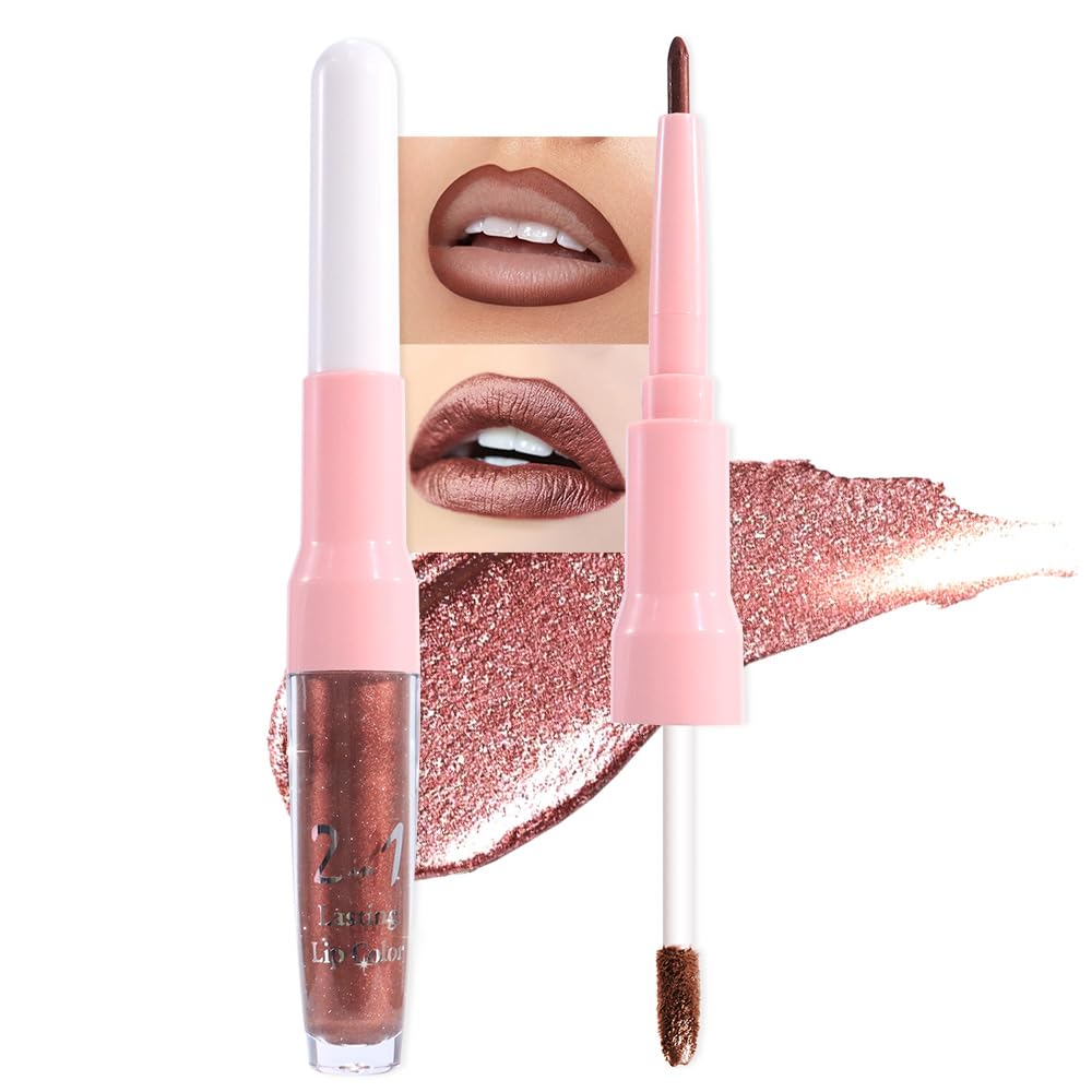 evpct Brown Bronze Metallic Glitter Lip Liner and Lipstick Combo Lip Gloss Stain Set Makeup for