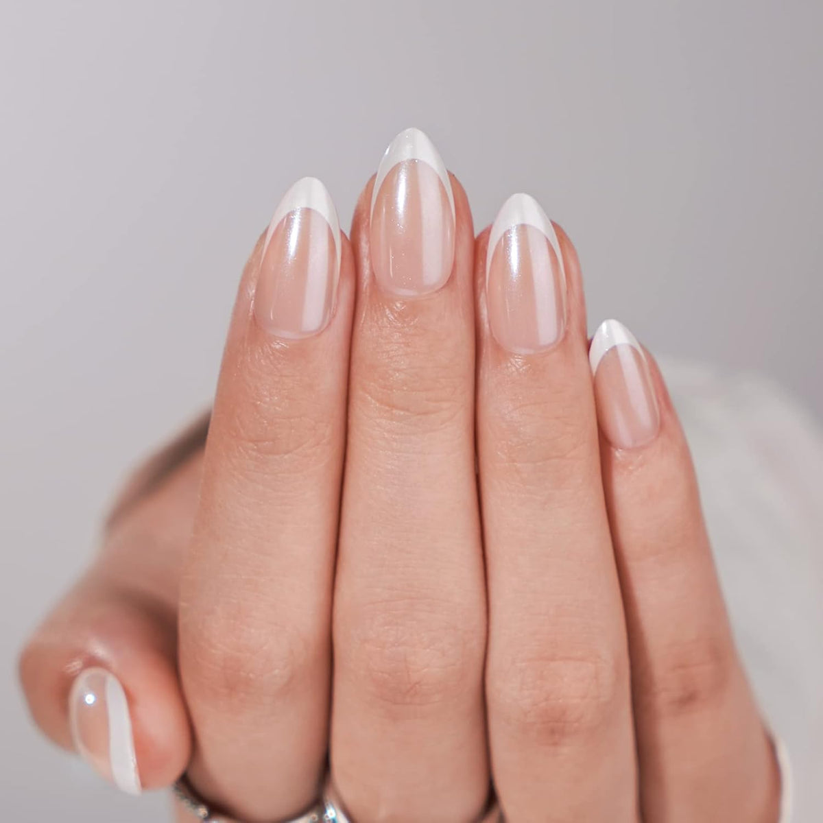 French Tip Press On Nails - BTArtbox White Almond Medium Reusable Stick On Nails in 15 Sizes - 30