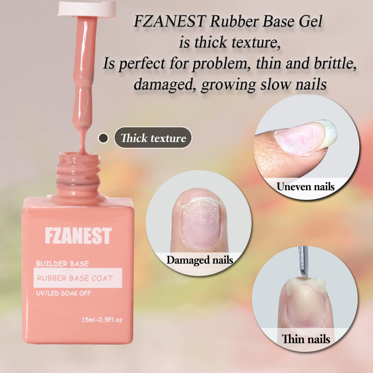 FZANEST Nude Rubber Nail Base Gel Polish, Builder Bottle Nail Strengthener Self-level Extension