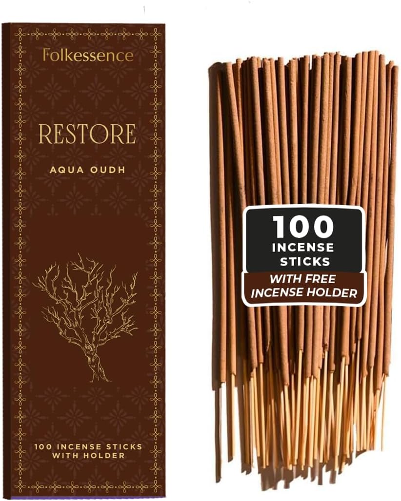 Folkulture Oud Incense Sticks | Set of 100 Insence-Sticks with Holder for Relaxation | Aqua Oudh