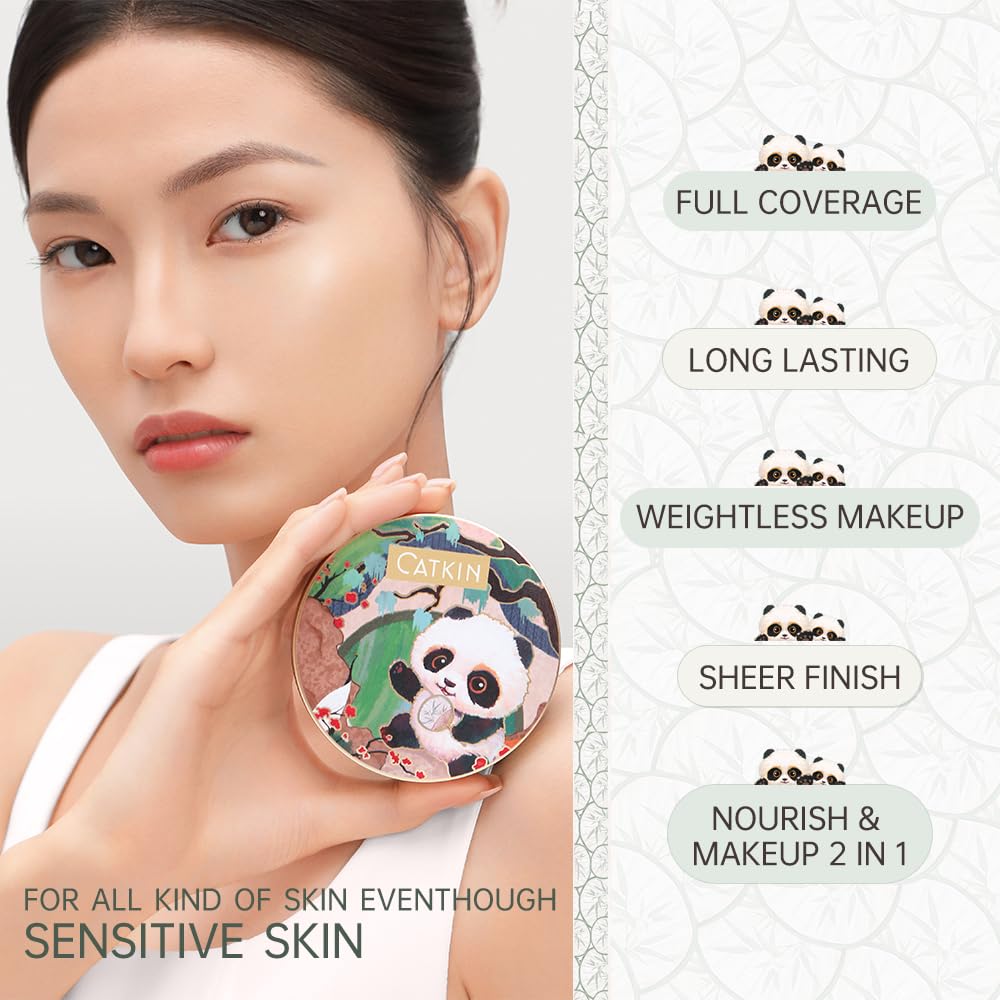CATKIN Panda Land Full Coverage Cushion Fondation, Breathable Hydrating Nourishing Poreless Face