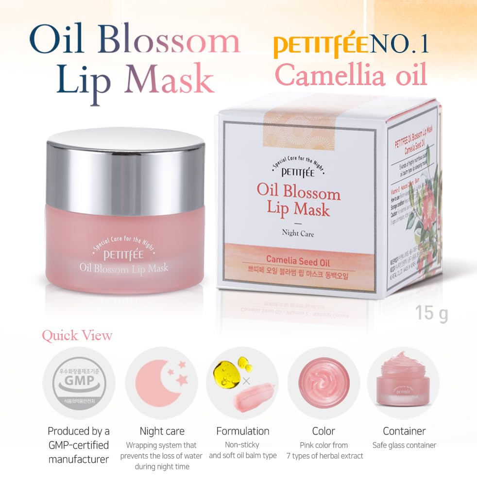 PETITFEE Sleeping Lip Mask Camelia Seed Oil 0.53 Oz. | Day & Night Repairing Balm, Overnight Lip