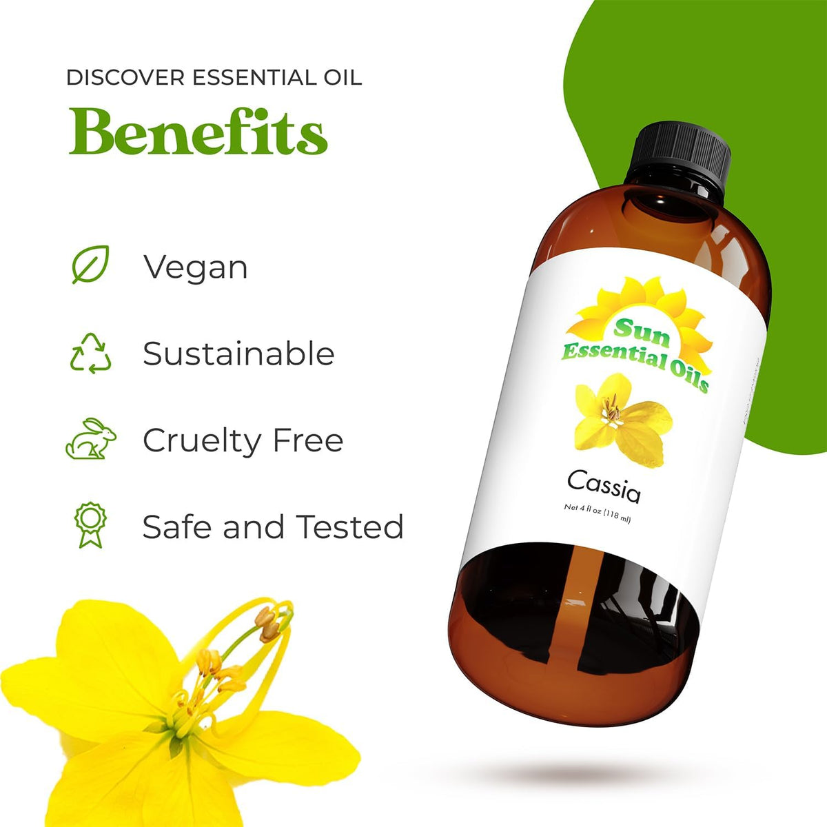 Sun Essential Oils - Cassia 4oz Bottle for Diffuser, Humidifier, Aromatherapy, Hair and Skin Care