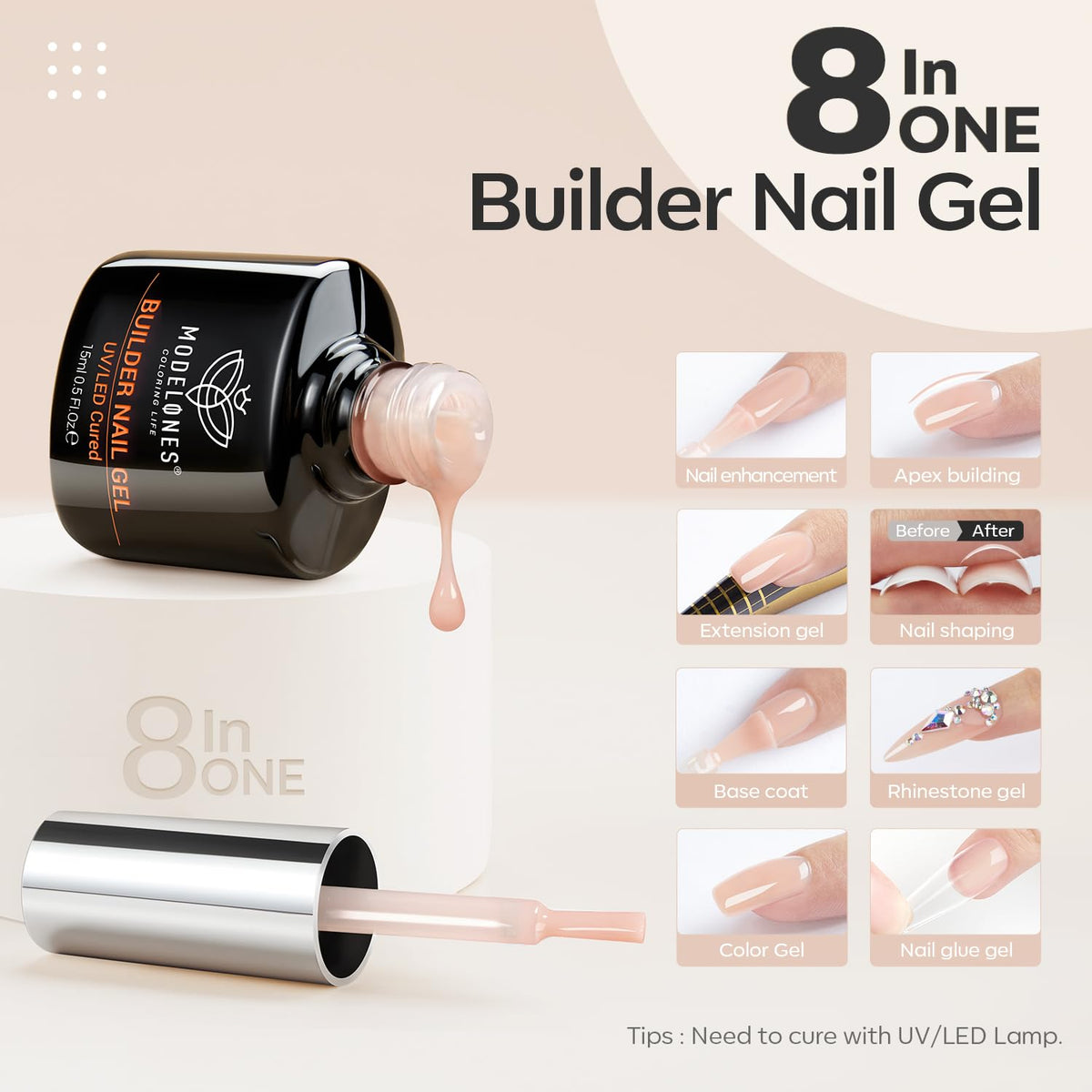 modelones 8-in-One Builder Nail Gel, Neutral Nude Builder for Thickening, LED Lamp Cured Hard