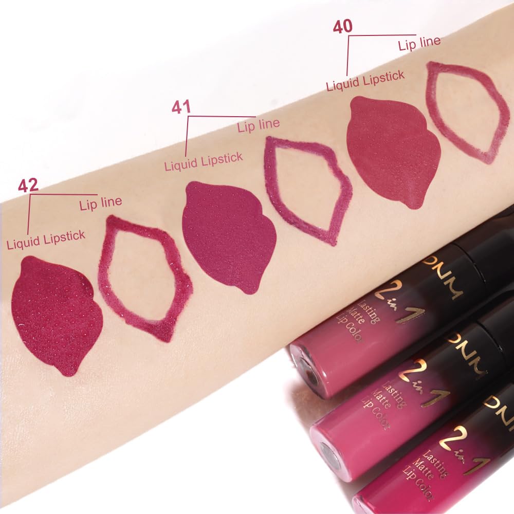 evpct 3Pcs Mauve pink Berry pink Rose red Lip Stain Paint Matte Lip Liner and Lipstick Set Long