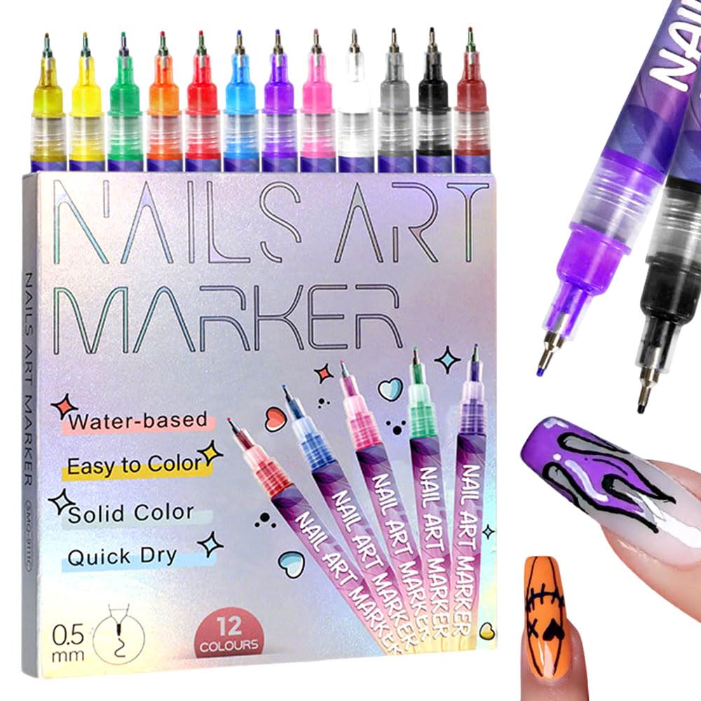 12 Colors Nail Art Pens Set, 2025 New Nail Art Markers Polish Pen for 3D Nail Art, Nail Art Tools