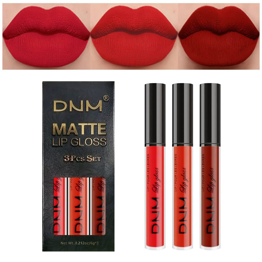 evpct 3Pcs Dark Ruby Fire Red Matte Liquid Lipstick Lip Stain Lipgloss sets for Women 24 Hour Red