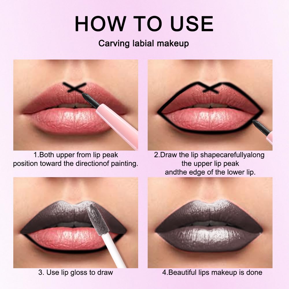 evpct Black Metallic Glitter Lip Liner and Lipstick Combo Lip Gloss Stain Set Makeup for Women Long