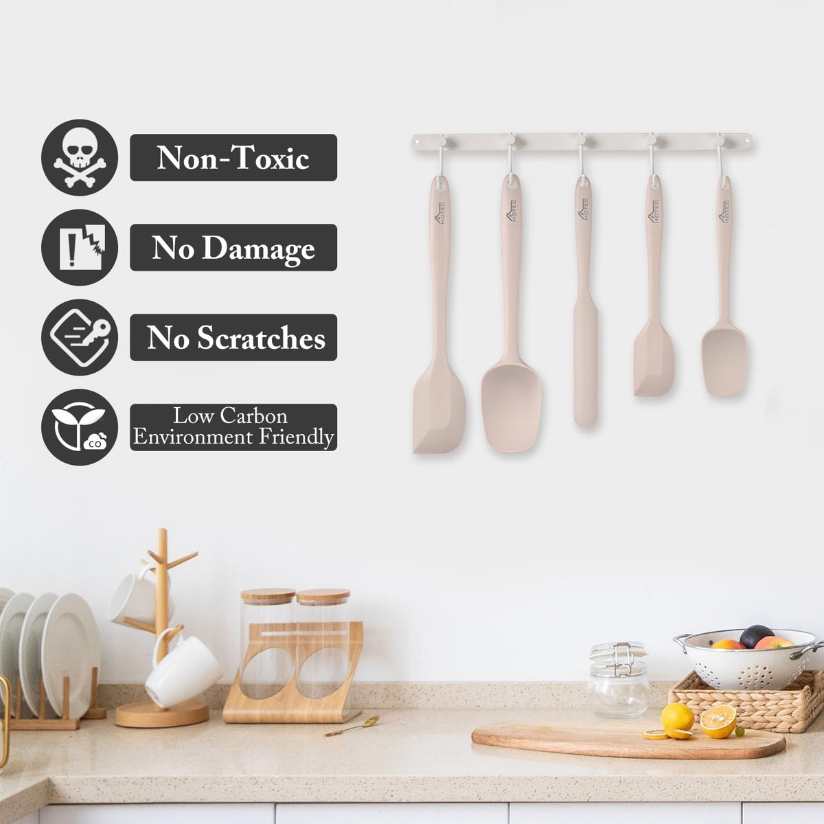 HOTEC 600℉ Heat Resistant BPA-Free Silicone Rubber Spatula Set,Kitchen Cooking Spatulas, Baking
