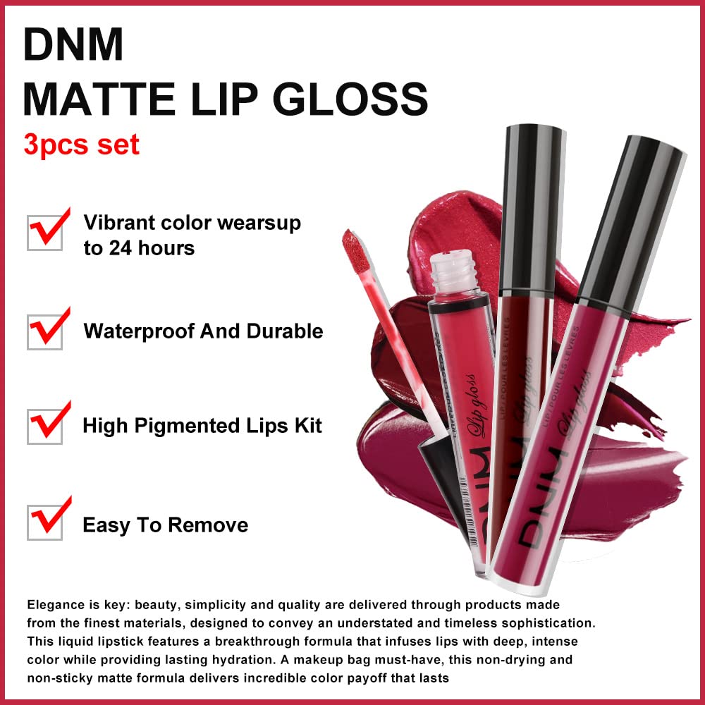 evpct 3Pcs Dark Red Purple Matte 24-hour Liquid Lipstick Sets, Matte Lipstick Lip Stain Long