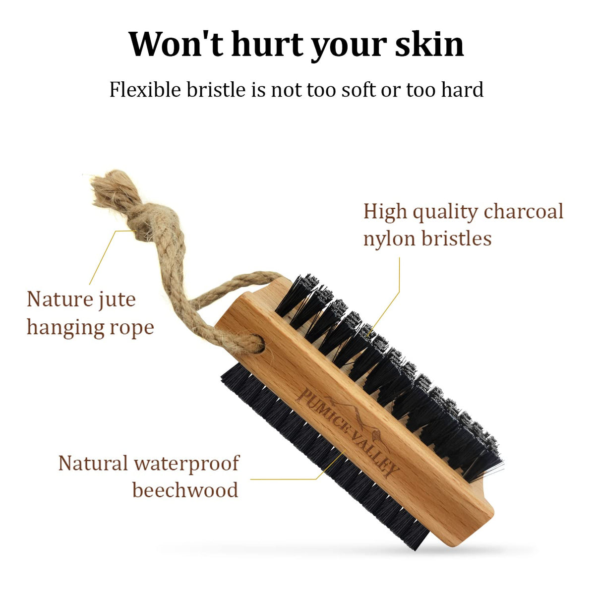 Wooden Cleaning Finger Nail Brush with Nylon Charcoal Bristles & Hanging Rope - Double-Sided