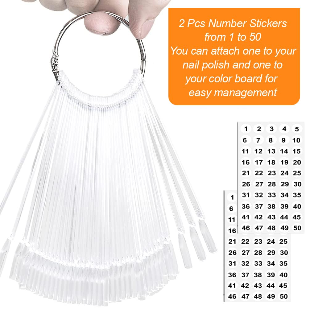 JASSINS 50 Pcs Nail Swatch Sticks with Ring and Numbered Tips - Clear Fan-shaped Display for Nail