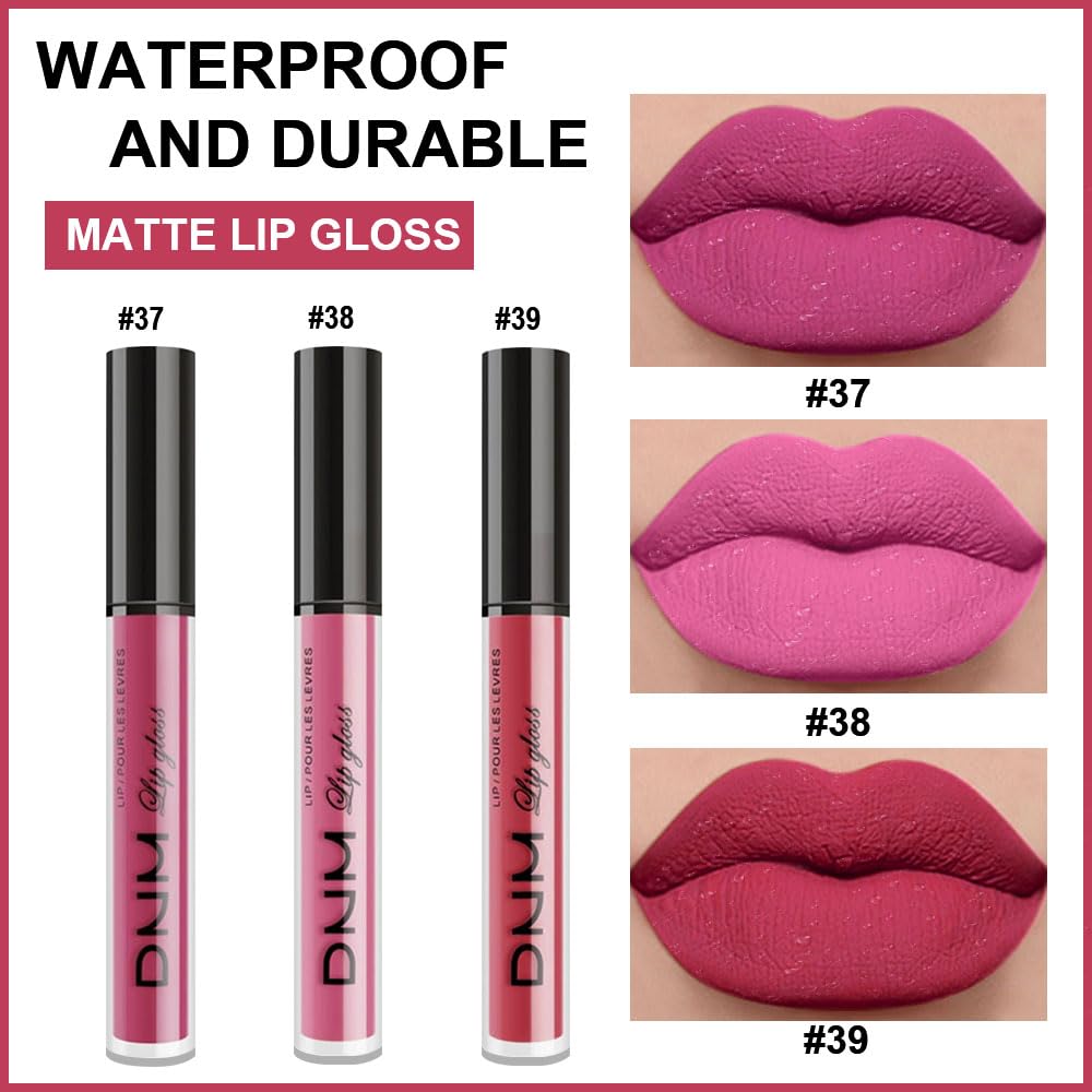 evpct 3Pcs Rose red plum Warm pink Deep cranberry Matte Liquid Lipstick Set for Women 24-hour Matte