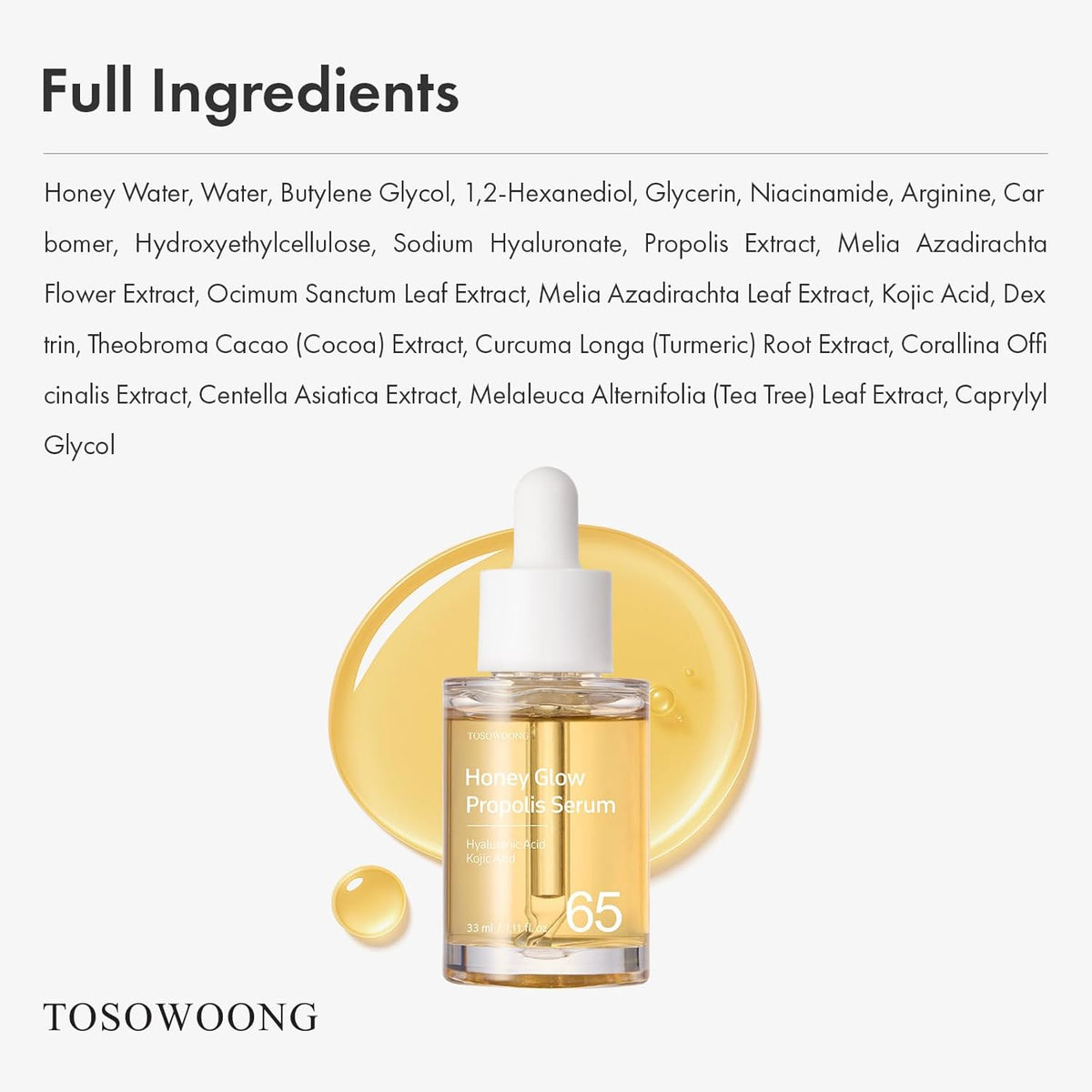 Honey Glow 65% Propolis Serum, Hyaluronic Acid, Kojic Acid, Niacinamide, Hydrating Facial Soothing