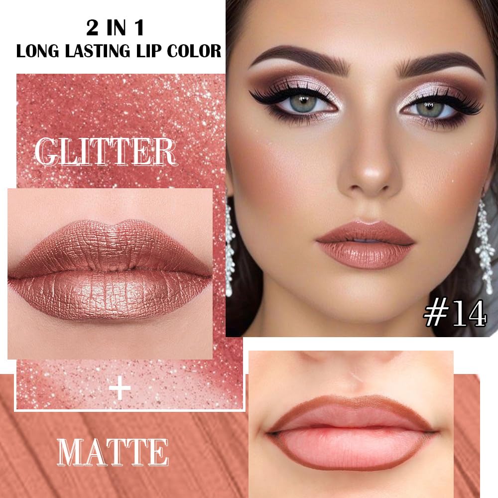 evpct Bronze Gold Metallic Glitter Lip Liner and Lipstick Combo Lip Gloss Stain Set Makeup for