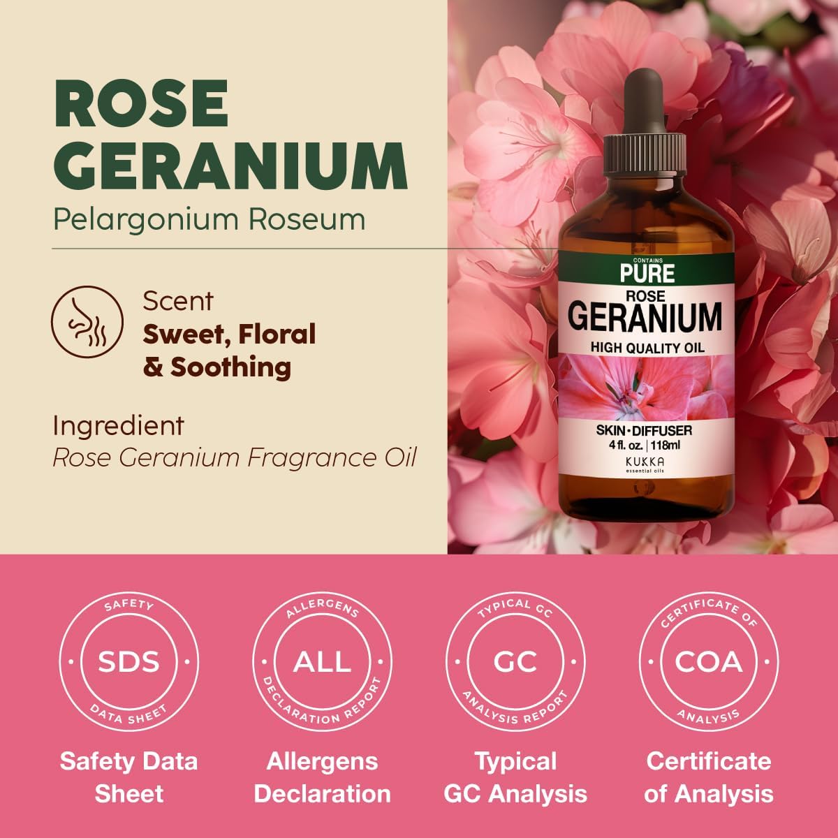 Kukka Rose Geranium Essential Oil for Skin - 4 Fl Oz - Geranium Oil for Diffuser & Aromatherapy
