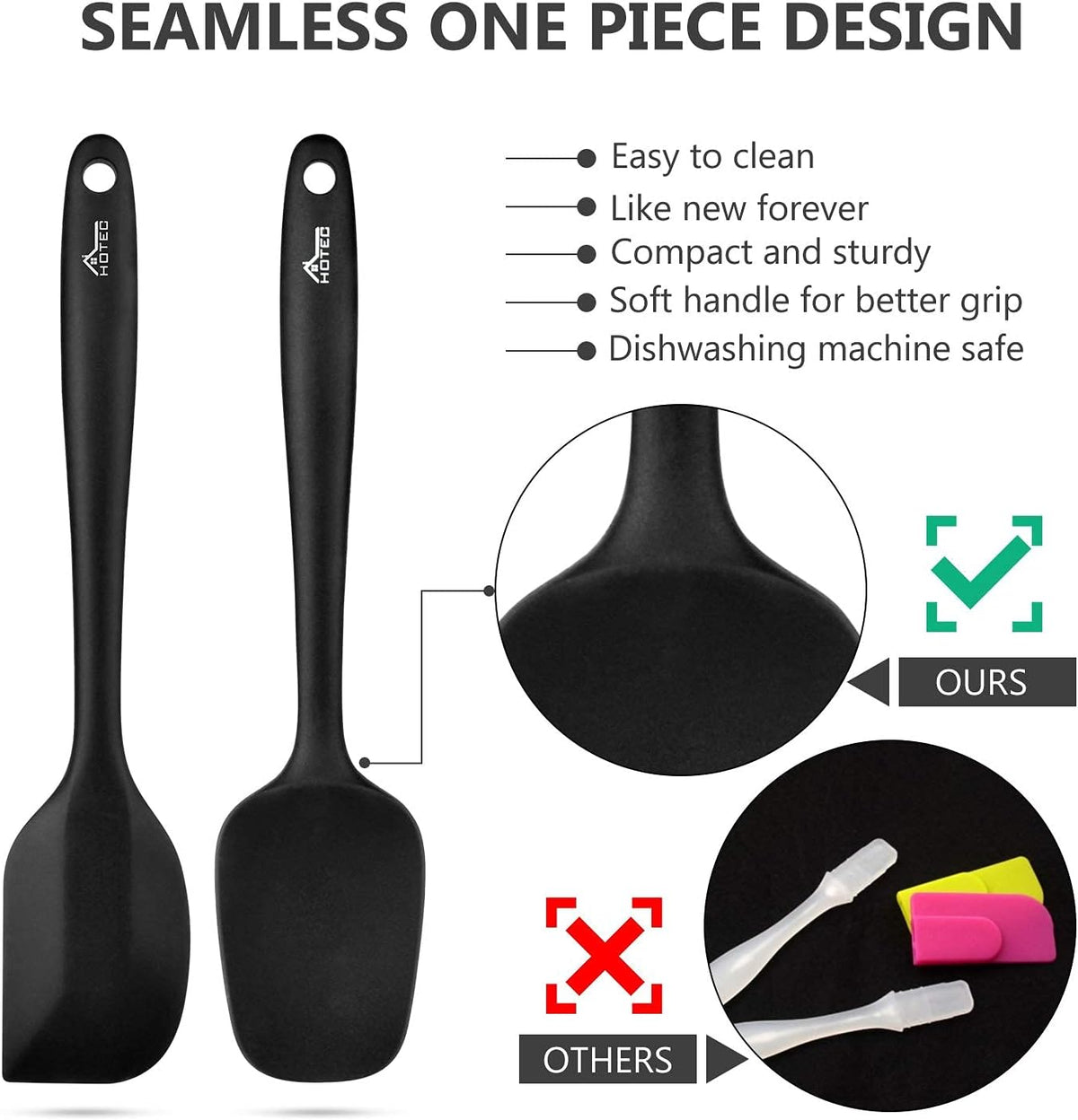 HOTEC 600℉ Heat Resistant BPA-Free Silicone Rubber Spatula Set,Kitchen Cooking Spatulas, Baking