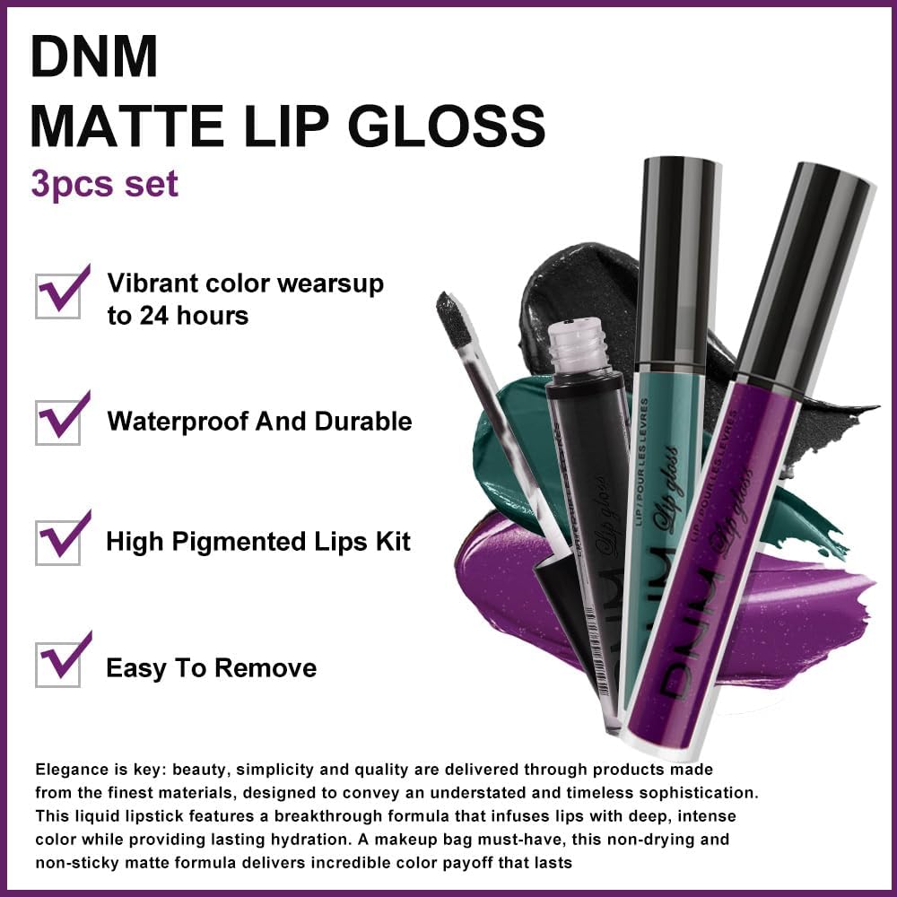 evpct 3Pcs Dark Black Green Purple Matte Liquid Lipstick Lip Stain Sets for Women Long Lasting