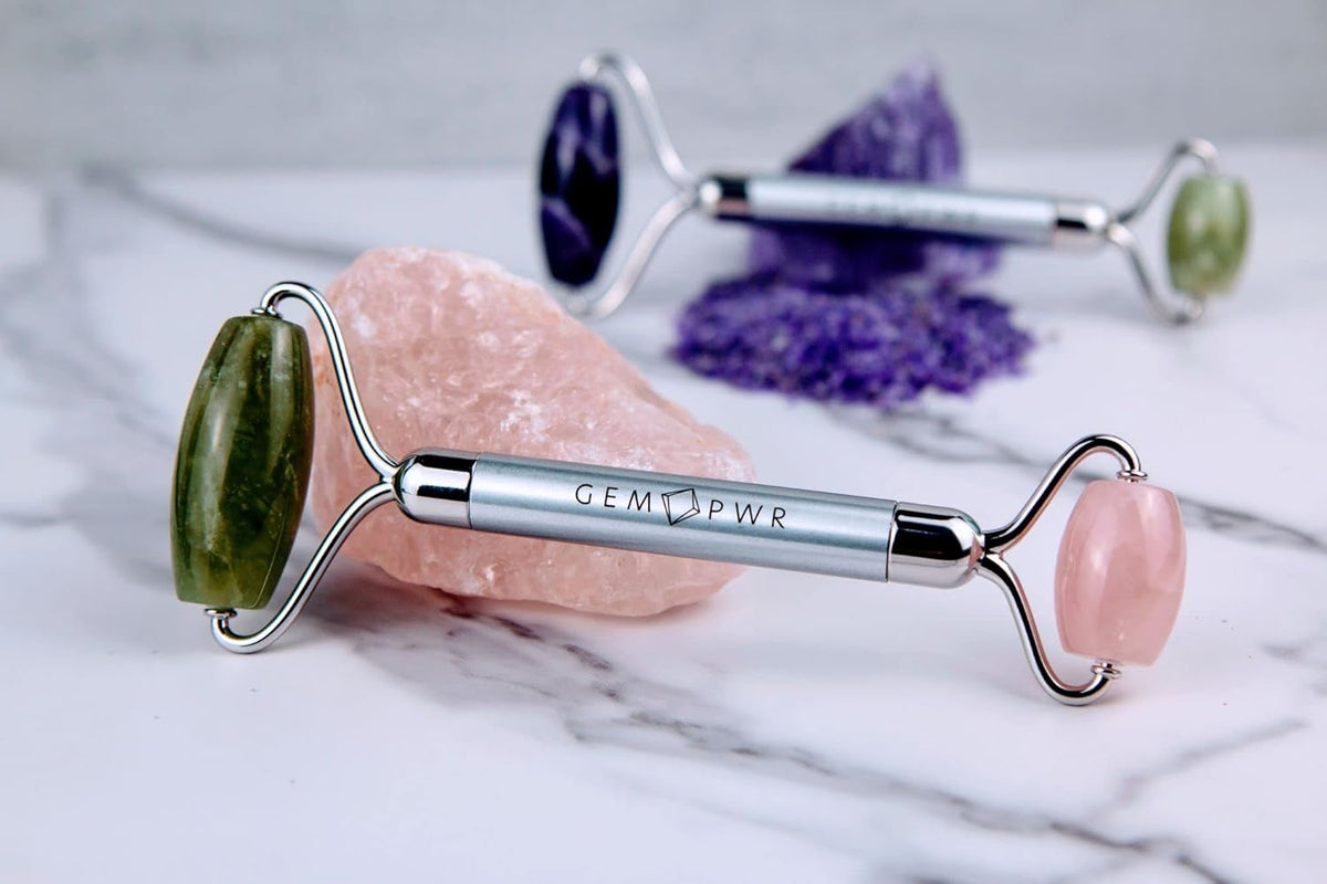 Rose Quartz + Jade Roller for Face and Neck Massage, Dual Gemstones with Durable Steel Handle and