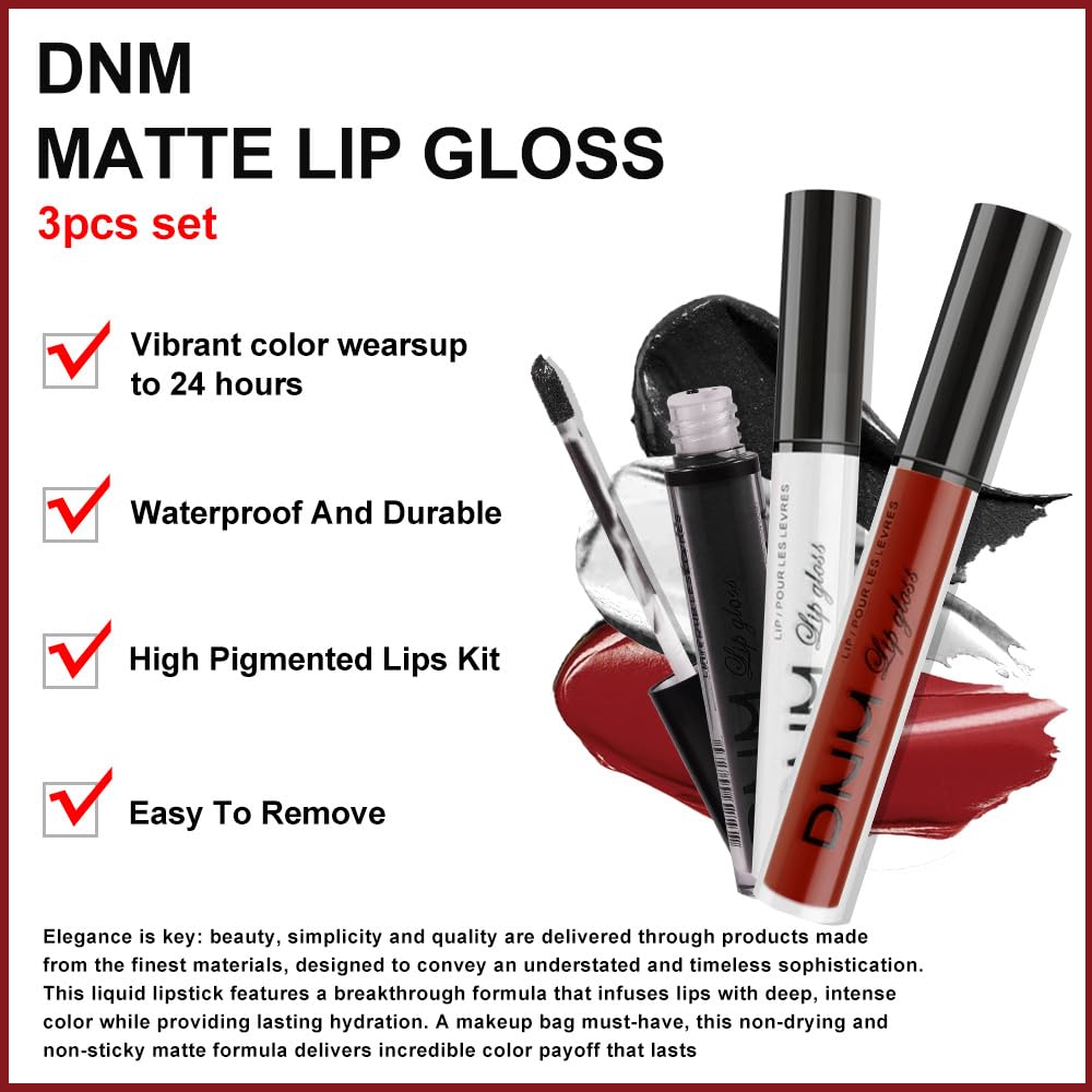 evpct 3Pcs Dark Black White Red Matte Liquid Lipstick Lip Stain Sets for Women Matte+Lipstick Long