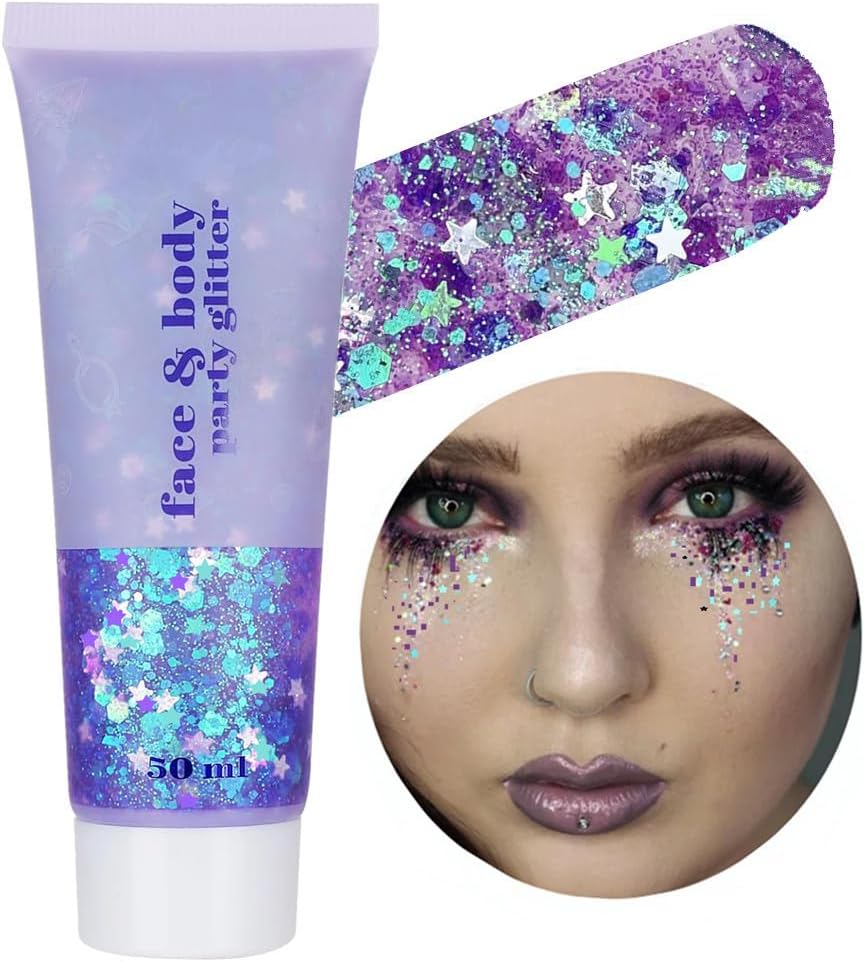 Go Ho Mermaid Purple Face Body Glitter Gel,Holographic Purple Hair Glitter,Mardi Gras Outfit for