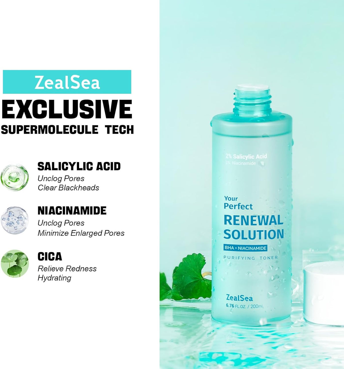 Salicylic Acid Toner, Blackhead Remover, BHA Liquid Exfoliant (CICA, 6.76OZ), ZealSea Pore