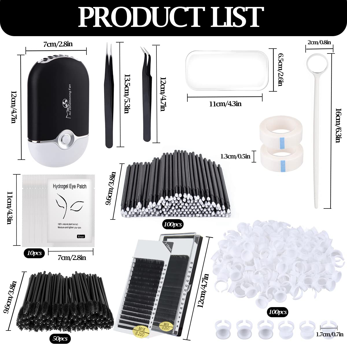 Eyelash Extension Supplies Kit with Individual Lash 0.07D Curl Mix 7-15mm USB Lash Fan Dryer Gel