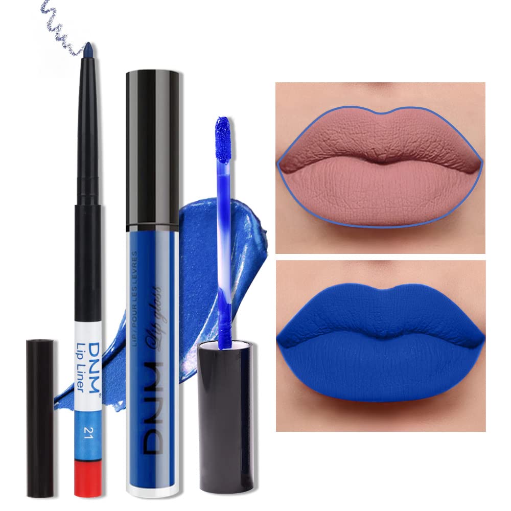 evpct 2Pcs Royal Light Blue Matte Liquid Lipstick and Lip Liner Pencil Makeup Set Blue Lipstick 24H