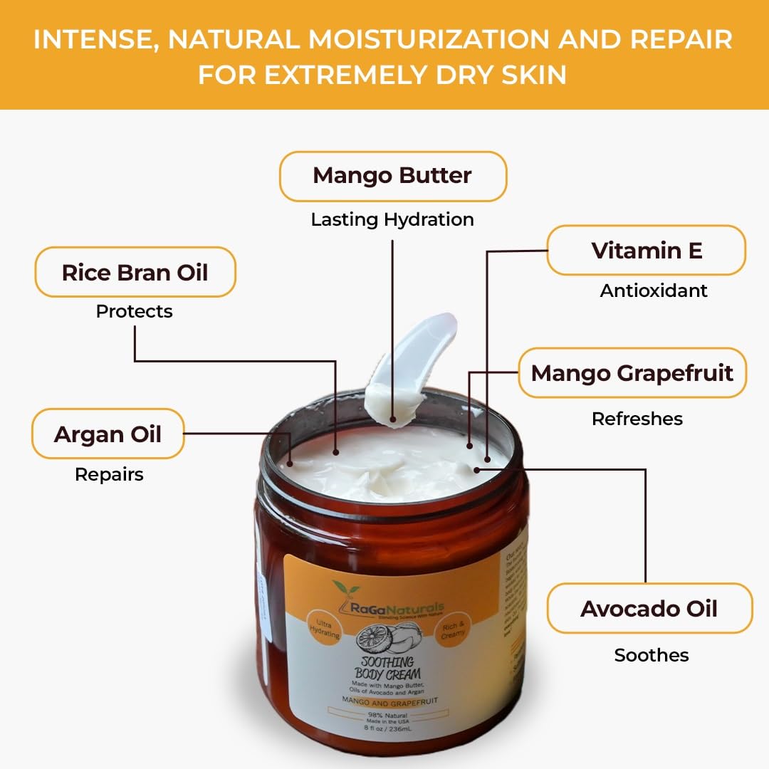 RaGaNaturals Mango Butter Hand & Body Cream for Dry Skin - All Natural, Tropical, Smell Good