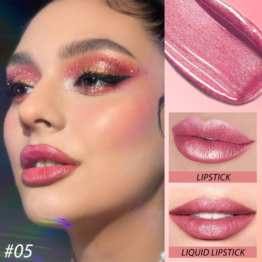 evpct 2 in 1 Natural Nude Pink Glitter Metallic Shimmer Diamond Lipstick and Lip Gloss Set for