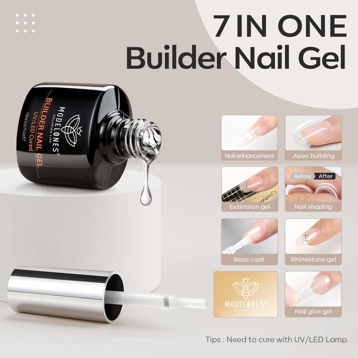 modelones Builder Nail Gel, 7-in-One Clear Builder for Nails, LED Lamp Cured Color Rubber Base Gel